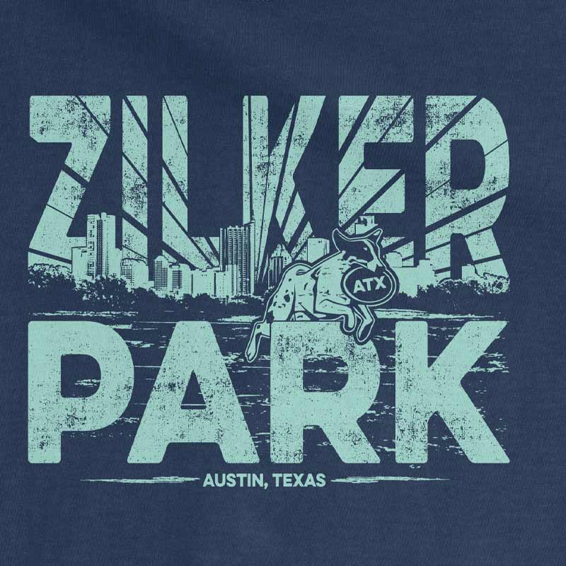 Navy blue t-shirt with 'Zilker Park, Austin, Texas' graphic in light blue.