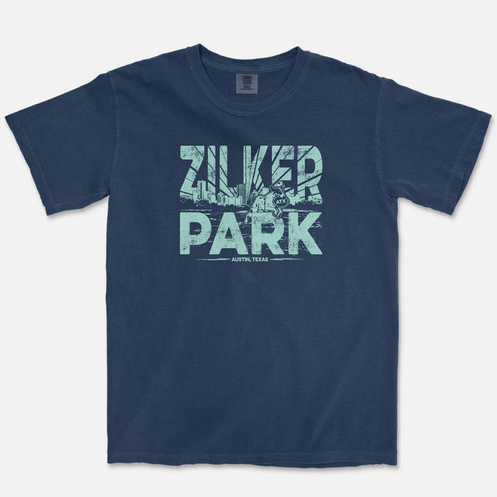 Navy blue t-shirt with 'Zilker Park, Austin, Texas' text design on a white background