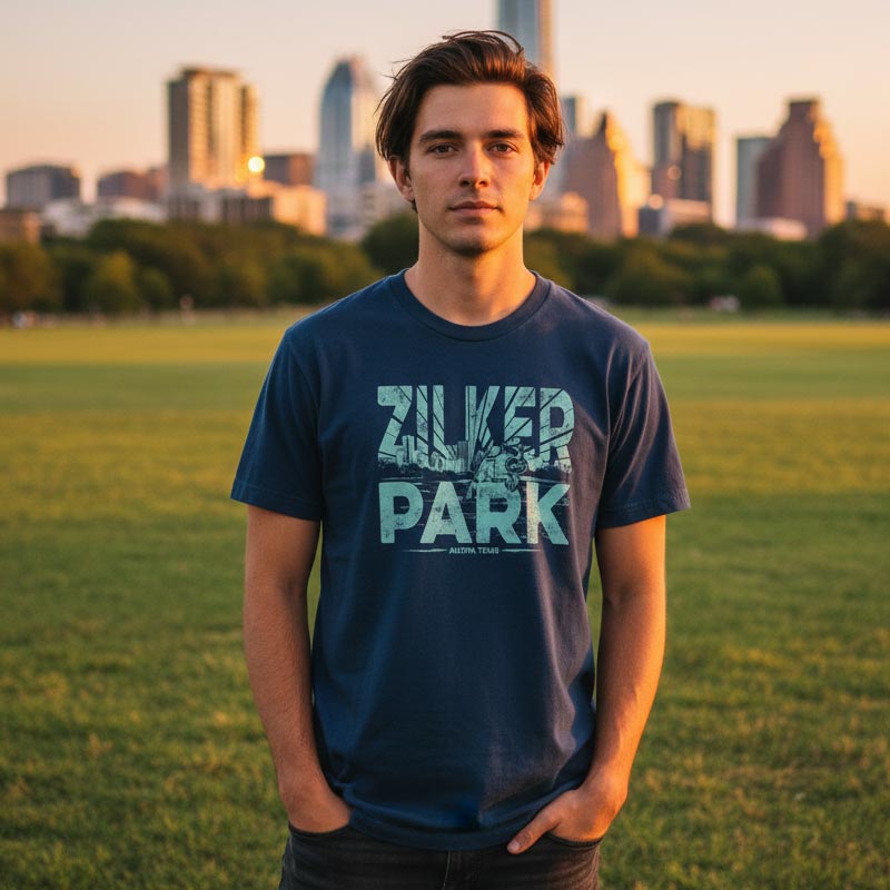 Person wearing a 'Zuker Park' t-shirt in a park with city skyline in the background