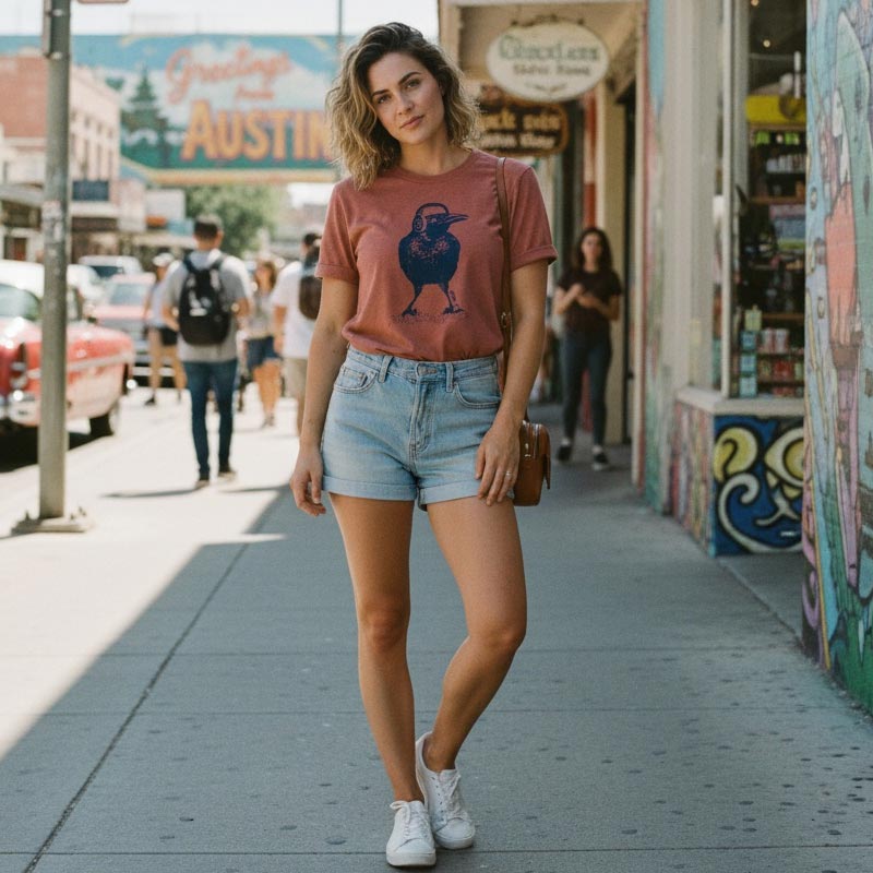 Woman walking on a sidewalk in an urban setting wearing a graphic t-shirt and denim shorts.