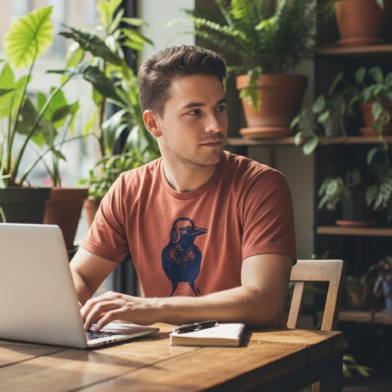 Man using a laptop at a wooden table with plants in the background
