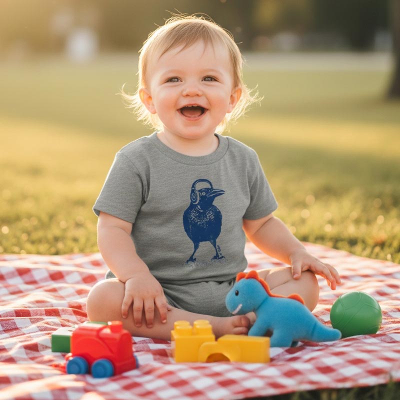 Child sitting on a checkered blanket with toys in a park