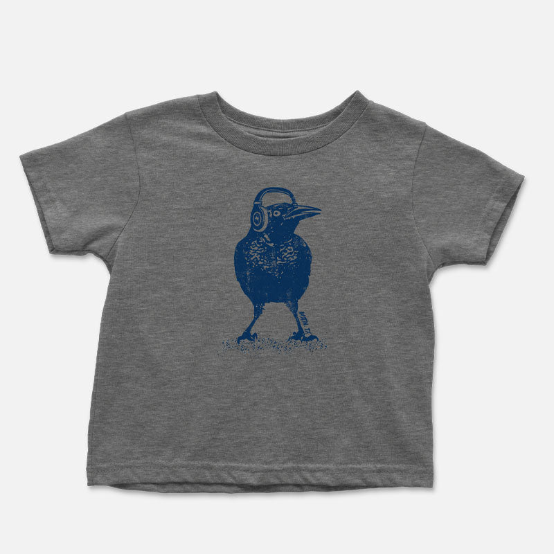 Beats Austin Grackle toddler t-shirt with grackle wearing headphones – fun Austin music-themed tee for kids