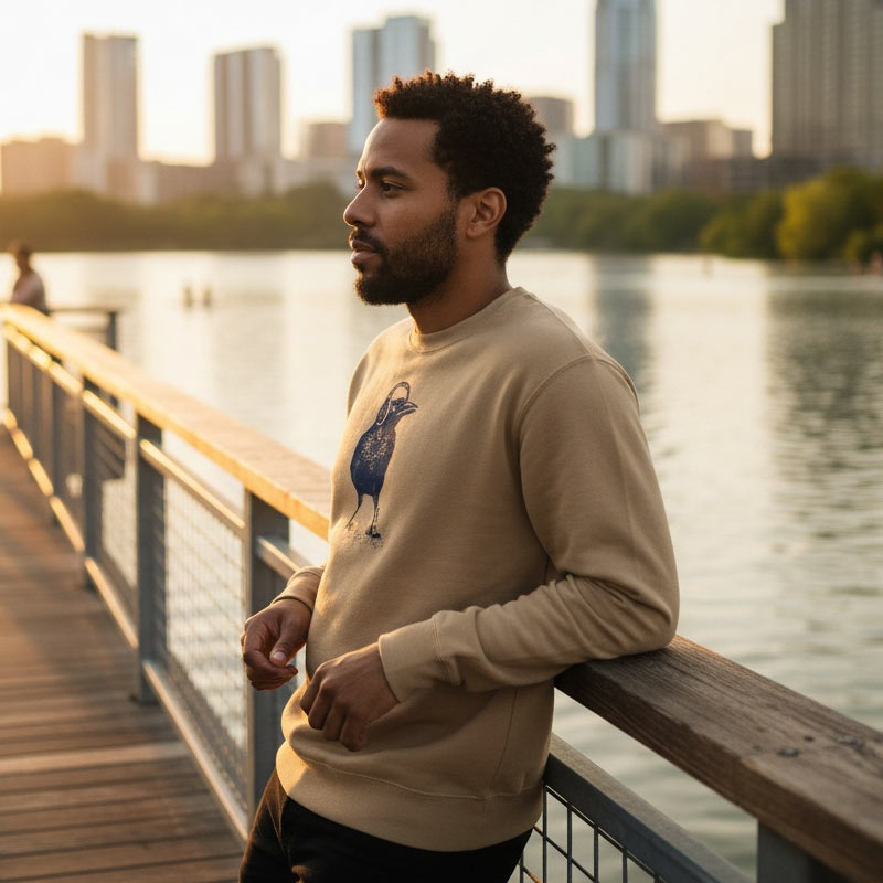 Man standing on a wooden dock by a lake with city skyline in the background