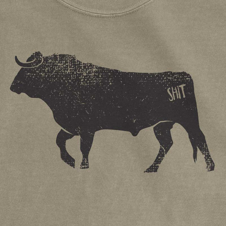 Beige t-shirt with a black bull silhouette and 'SHIT' text on a beige background