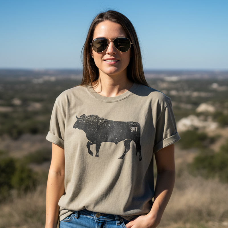 Woman wearing a t-shirt with a bull graphic in a scenic outdoor setting