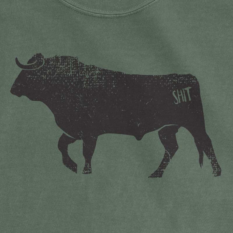 Green t-shirt with a black bull silhouette and 'SHIT' text on a green background