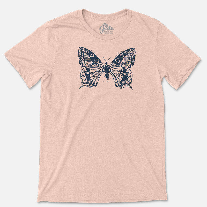 Butterfly ATX t-shirt with delicate butterfly design over bold ATX lettering