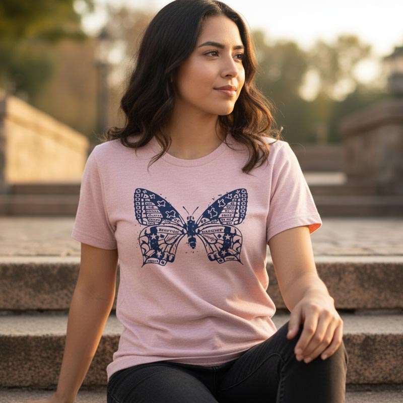 Woman wearing a pink t-shirt with a butterfly design, sitting outdoors.