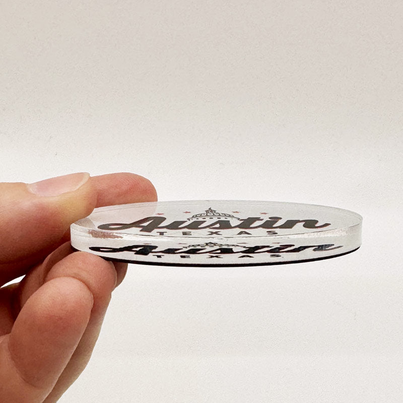 Side angle of Texas Capitol souvenir magnet showing durable acrylic layers