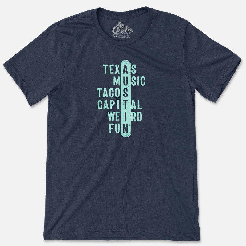 Crossword Austin T-shirt, Texas, Music, Tacos, Capital, Weird and Fun