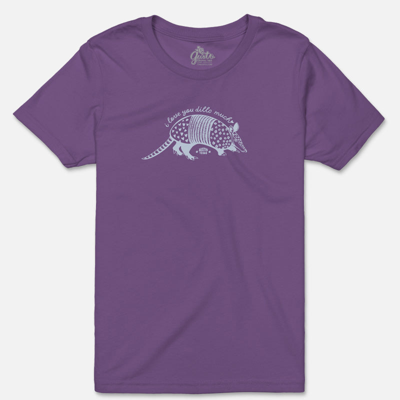 Flat lay of the Dillo Love Youth Tee showing the cute armadillo graphic with hearts and floral crown on soft fabric.