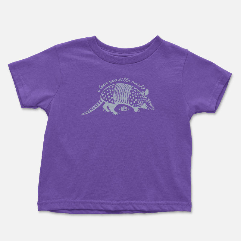 Purple t-shirt with armadillo graphic and text on a white background