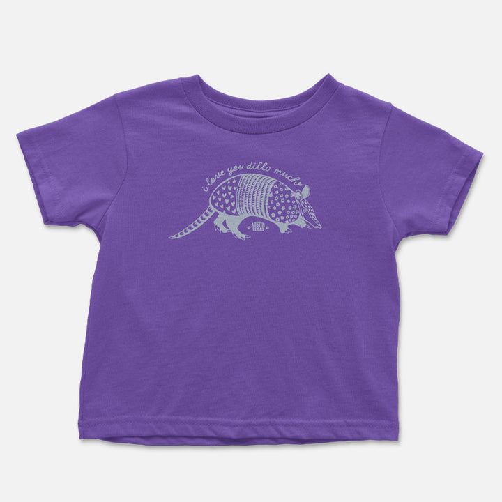 Purple t-shirt with armadillo graphic and text on a white background