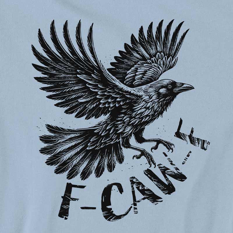  light blue t-shirt with black bird graphic and text that reads F-CAW-F 
