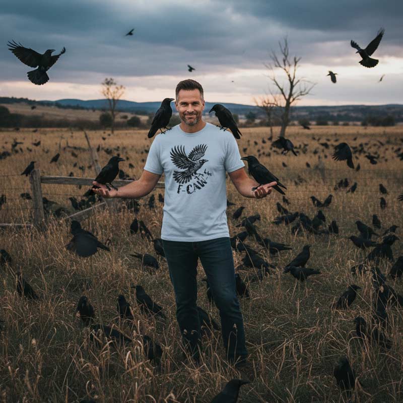 Man standing in a field with birds, wearing a light blue t-shirt with black bird graphic and text that reads F-CAW-F 