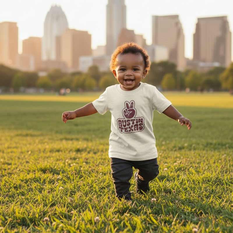 Child wearing a 'Austin Texas' t-shirt running in a grassy field with a city skyline in the background