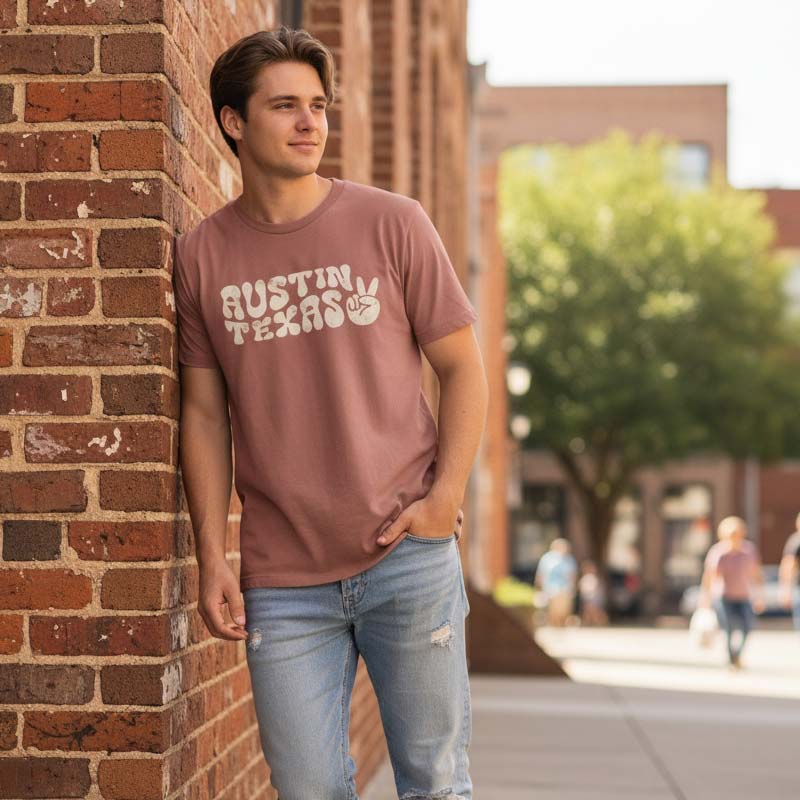 Man wearing a 'Austin Texas' t-shirt leaning against a brick wall.