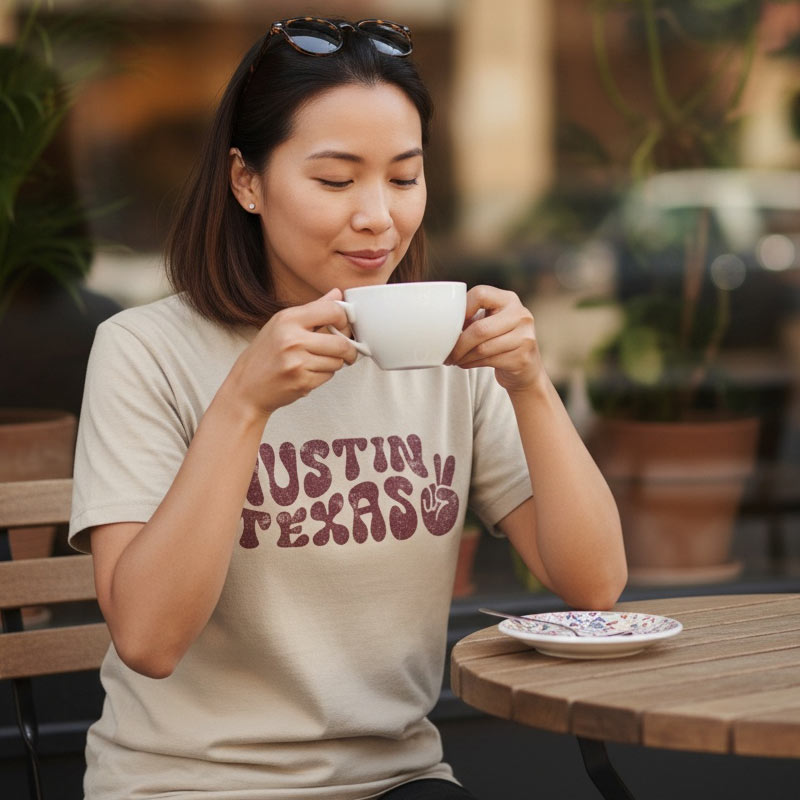 Woman drinking from a cup at an outdoor cafe wearing a 'Austin, Texas' t-shirt.
