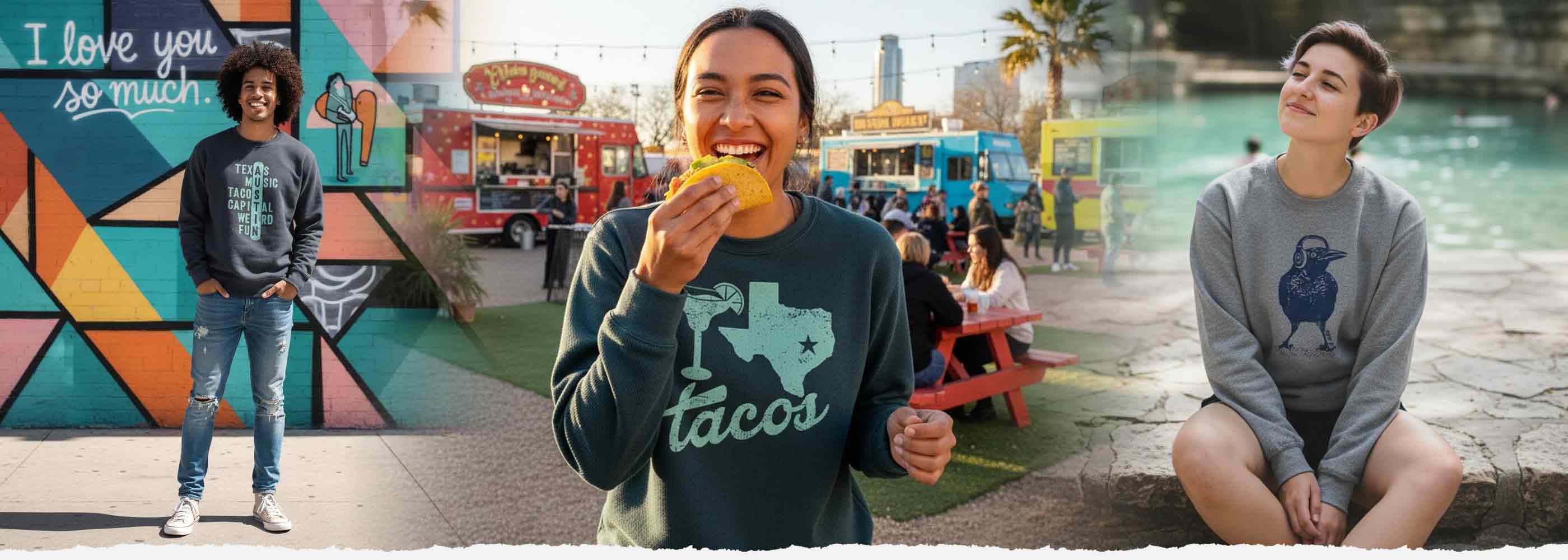 People wearing gray sweatshirts with different designs in an outdoor setting.