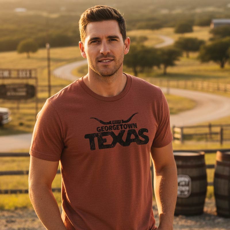 Man wearing a 'Georgetown Texas' t-shirt standing in a rural setting with fields and a road.