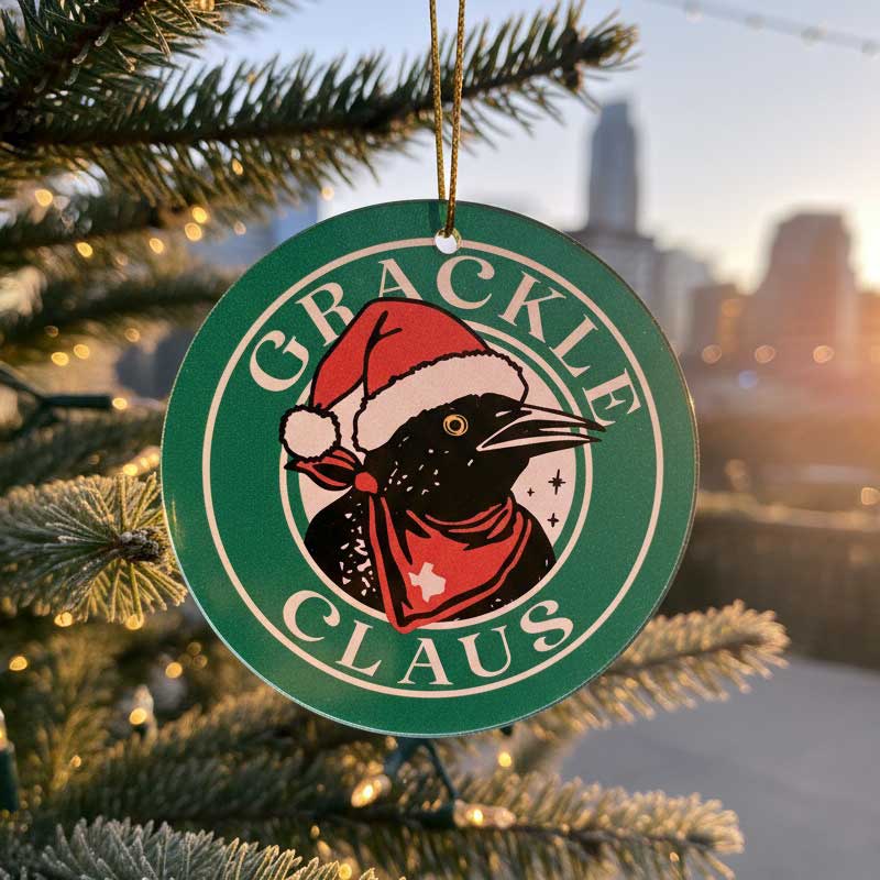 Christmas ornament with 'Grackle Claus' design on a tree