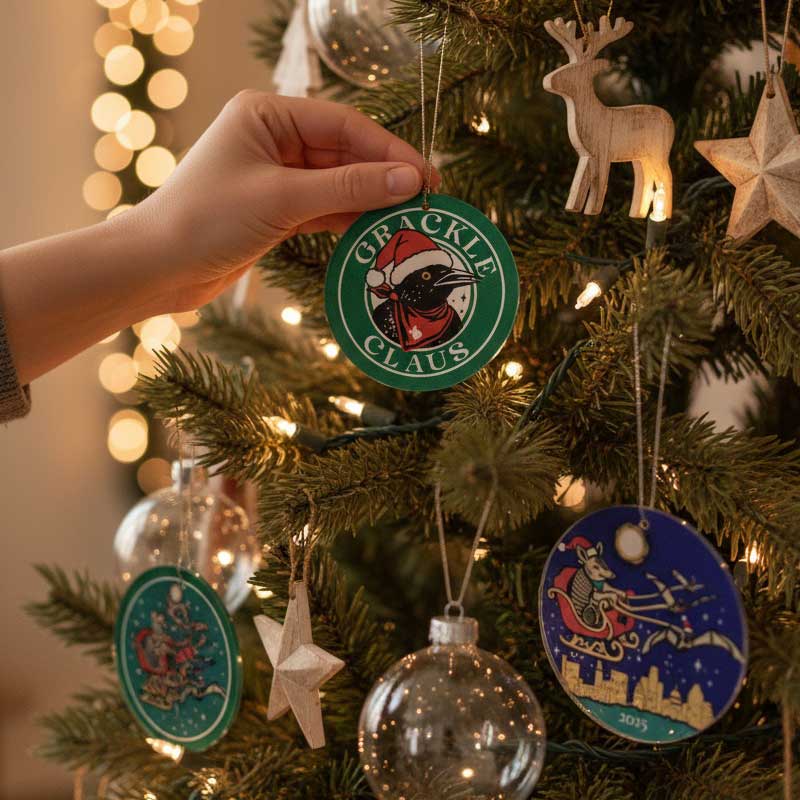 Hand holding a 'Grackle Claus' ornament among other Christmas tree decorations.