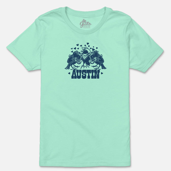 Mint green t-shirt with 'Austin' graphic design on a white background