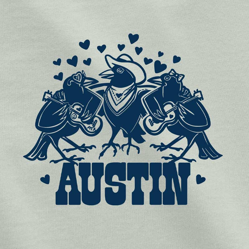 Navy blue graphic of three birds with cowboy hats and bandanas, and the word 'Austin' on a light gray background.