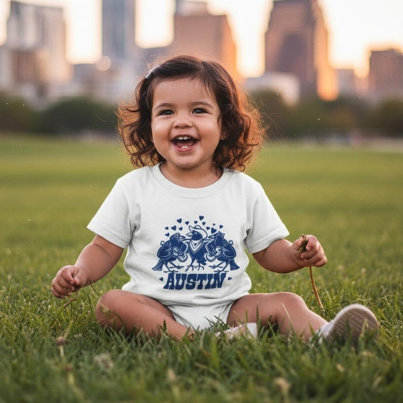 Child wearing a 'Austin' shirt sitting on grass with a cityscape in the background
