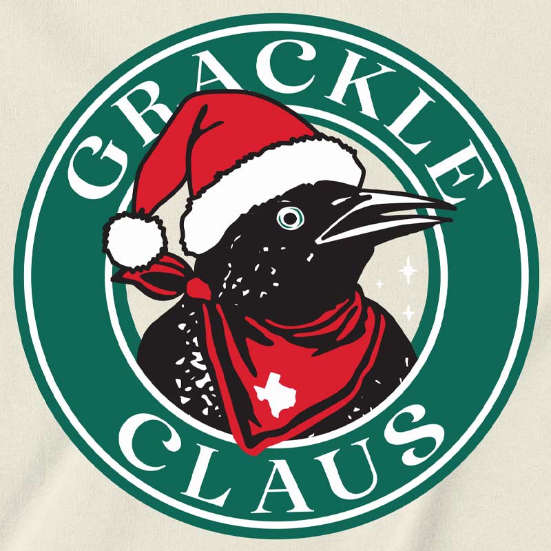 Logo with a black bird wearing a Santa hat and red scarf, surrounded by 'Grackle Claus' text on a green circle.