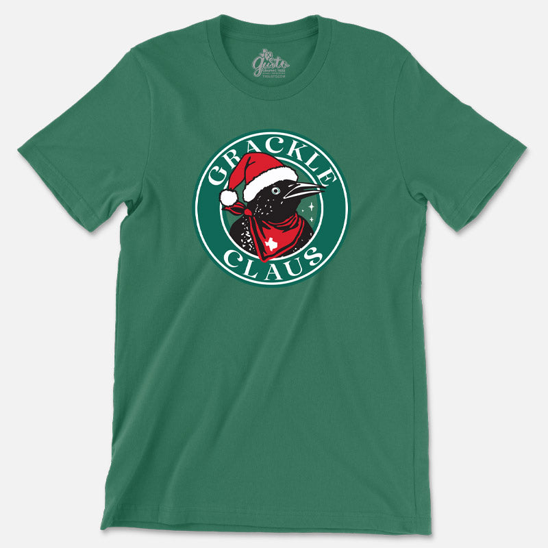 Green t-shirt with 'Grackle Claus' graphic design on a white background