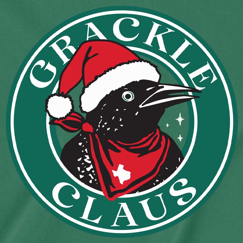Logo of Grackle Claus with a black bird wearing a Santa hat and red scarf on a green background.