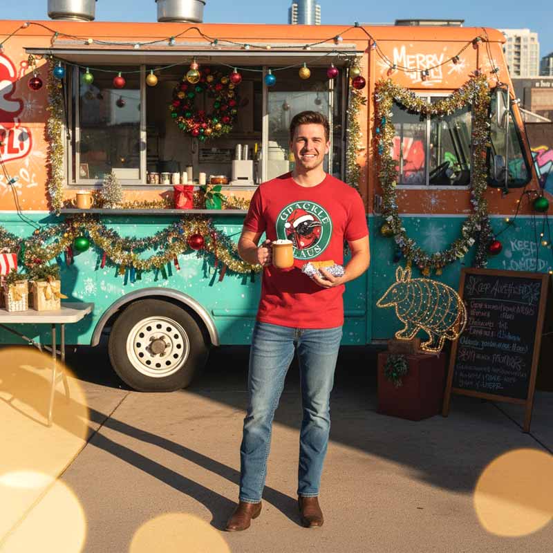Man holding a drink in front of a food truck decorated with Christmas lights and ornaments wearing Grackle Claus Red T-shirt