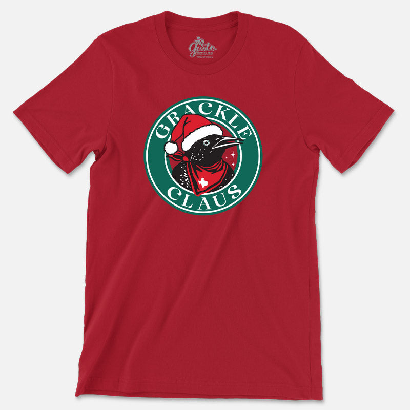 Red t-shirt with 'Grackle Claus' graphic design on a white background