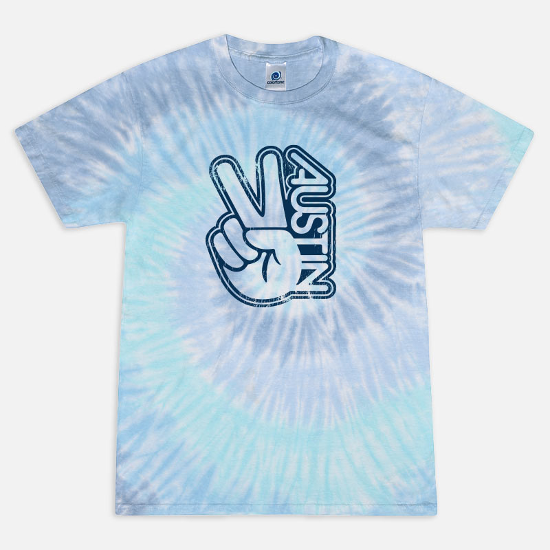 Tie-dye t-shirt with a peace sign and 'Austin' text on a white background