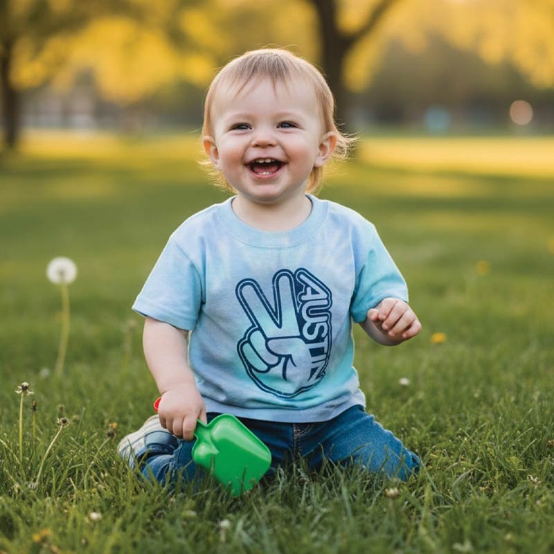 Child sitting in a park holding a green toy, wearing a blue t-shirt with a peace sign and text.
