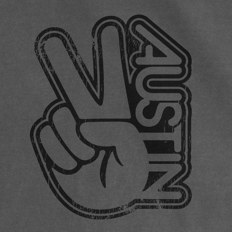 Black peace sign with 'Austin' on a gray background