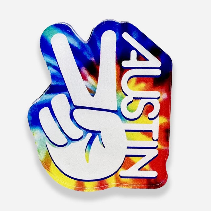 Groovy Austin acrylic magnet with colorful tie-dye background
