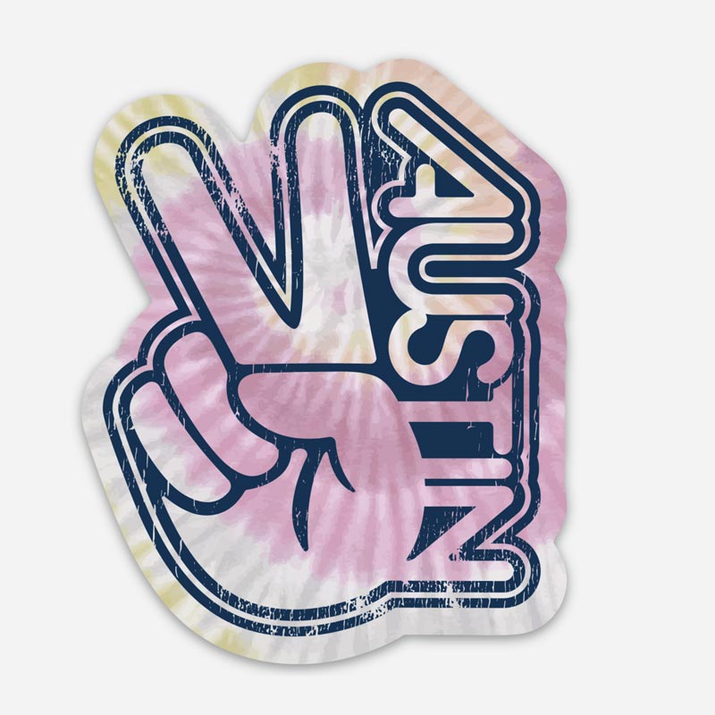 Peace sign with 'Austin' in tie-dye colors on a white background