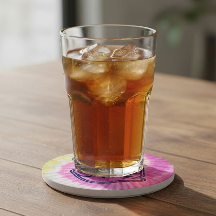 Glass of iced tea on a colorful coaster with a blurred background
