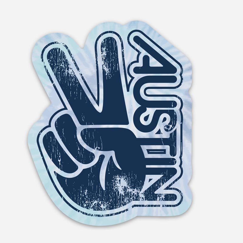 Sticker with peace sign and 'Austin' text on a tie dye light blue background