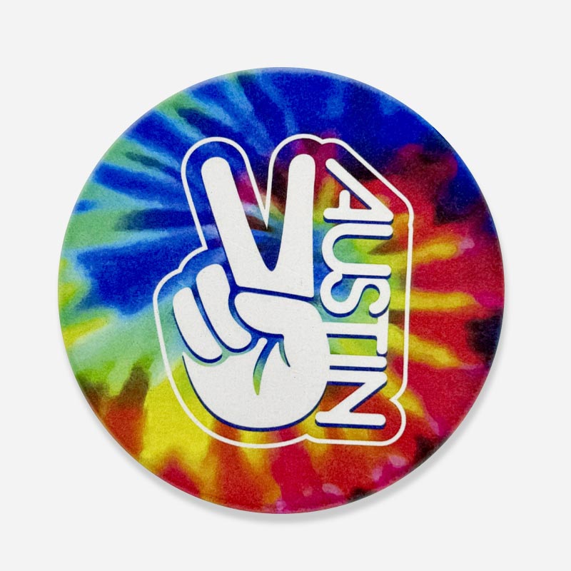 Groovy Austin Rainbow sandstone coaster with bold rainbow tie-dye swirls, made from natural stone to protect surfaces with a colorful, retro Austin vibe.