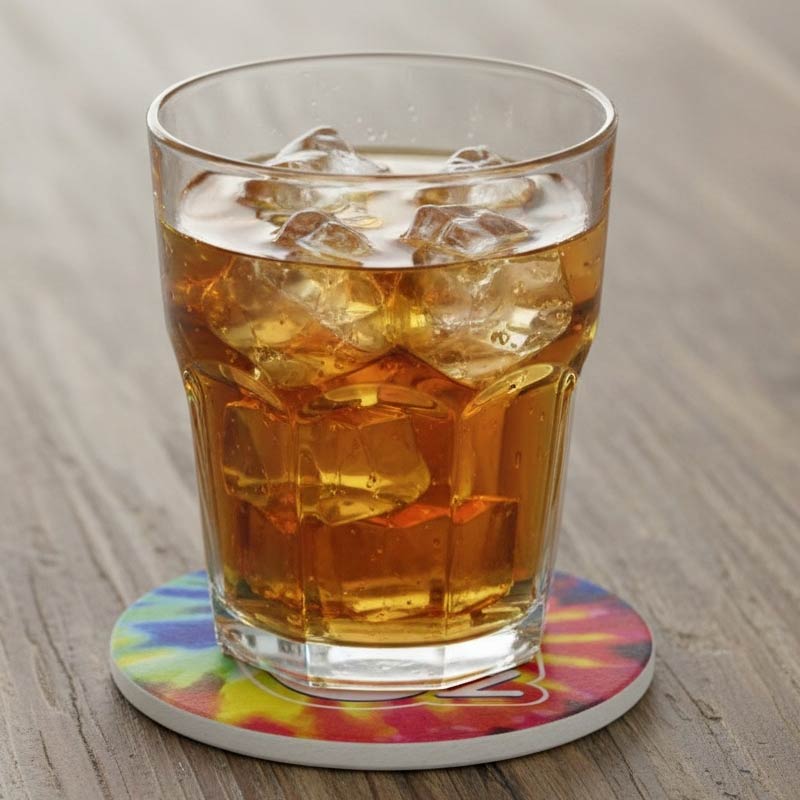 Glass of iced tea on a colorful coaster with a wooden background