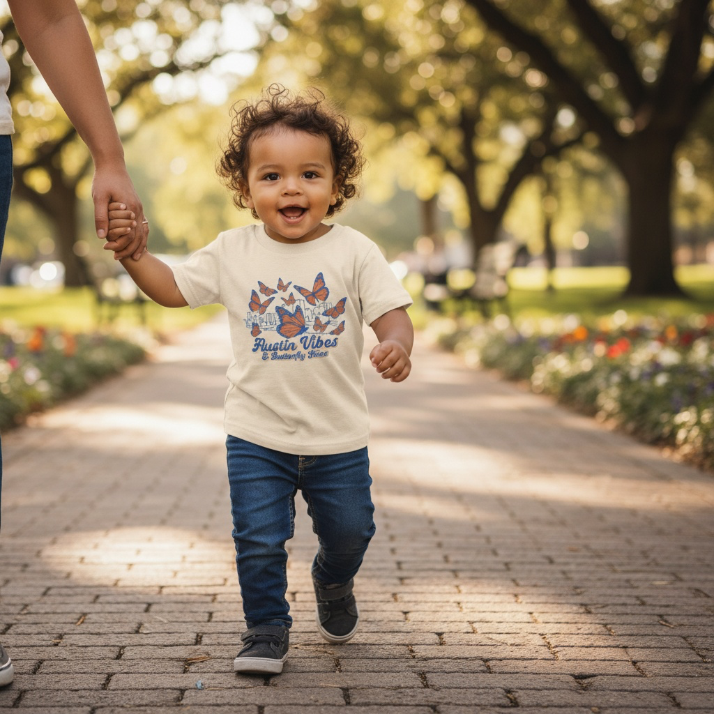 Child walking on a paved path in a park with a 'Austin Vibes' t-shirt.