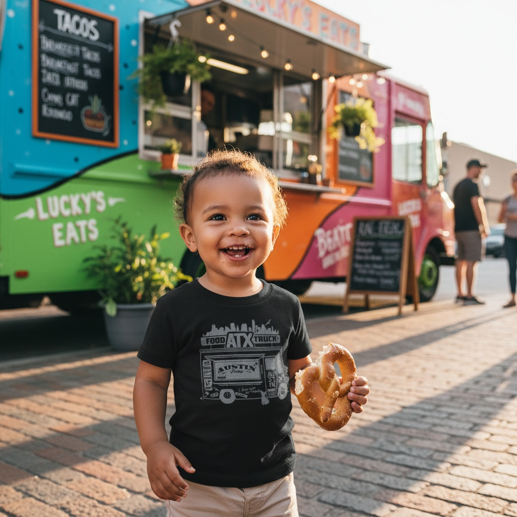 Child holding a pretzel in front of a colorful food truck.