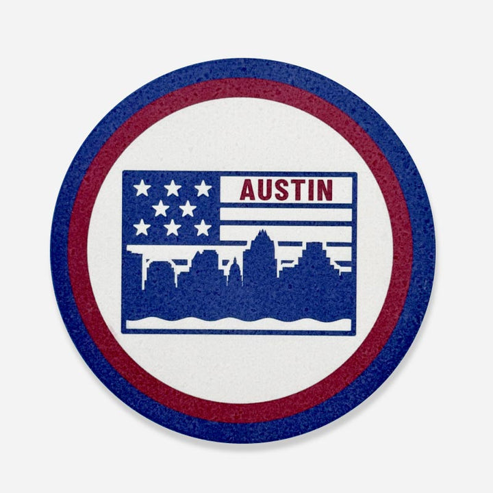 Heritage ATX sandstone coaster featuring a bold flag design with the Austin skyline, made from natural stone for stylish surface protection with local Texas flair.
