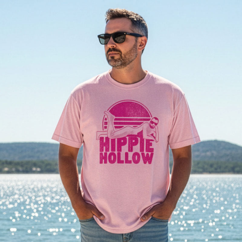 Man wearing Hippie Hollow Austin TX Comfort Colors 1717 shirt at Lake Travis