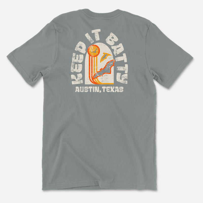 Keep It Batty Austin Texas Retro Design on back of t-shirt