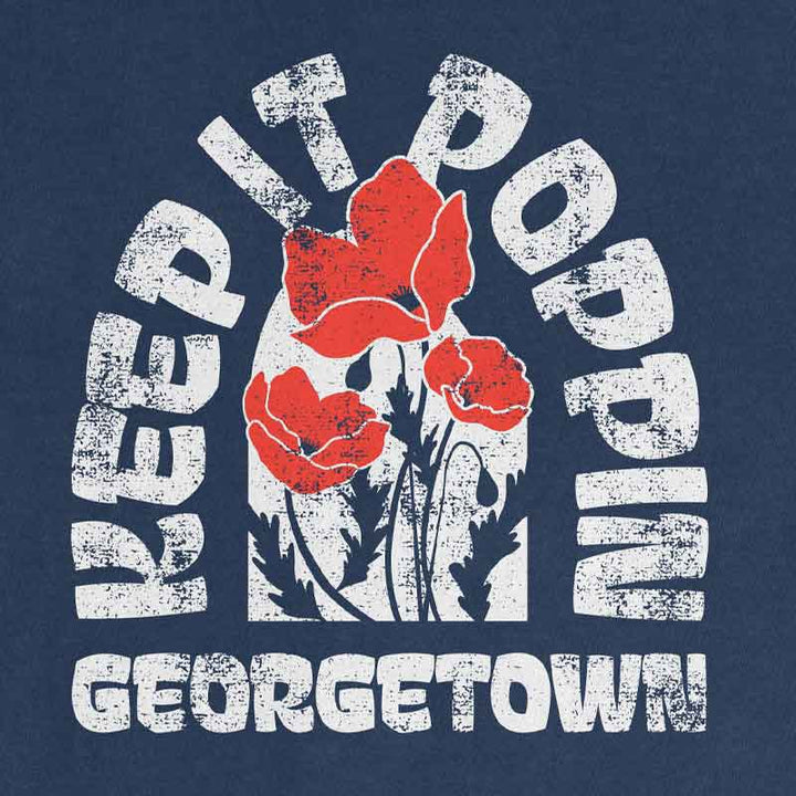 Close up of Keep It Poppin' Georgetown Texas poppy t-shirt on Comfort Colors 1717 Navy
